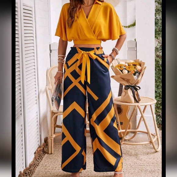 Pants - Solid Color Cropped Top With Collar And Geometric Pattern
